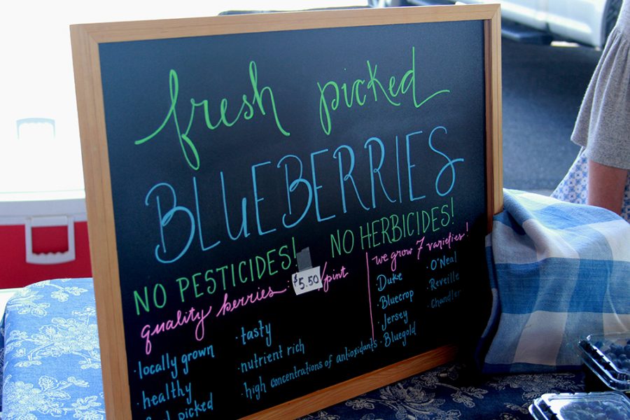 Blueberry sign promoting Marj Martin’s blueberry stand at the Harrisonburg Farmer’s Market on July 16, 2019.