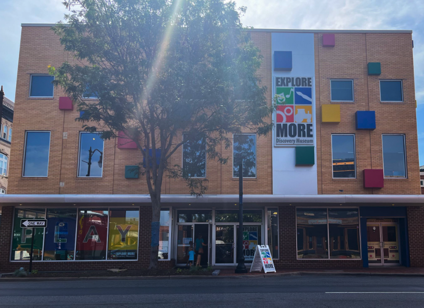 The main entrance of the EXPLORE MORE DISCOVERY MUSEUM on 150 S Main Street in Downtown Harrisonburg.