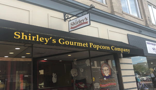 SENSATIONAL SHIRLEY’S: The outside of Shirley’s Gourmet Popcorn Company that helps customers easily locate the store. 
